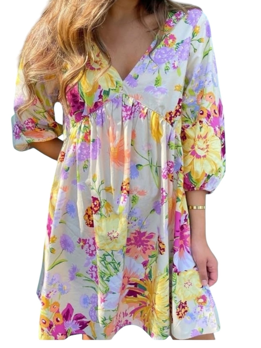 H&M Floral Whimsical Babydoll Dress Pale Yellow Peach Purple Green Pink Sz M NWT
